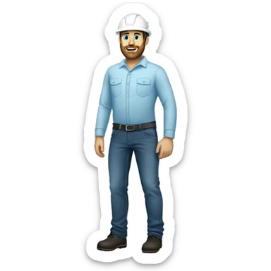 An engineer with beard, standing and wearing black jeans and light blue long sleeve and white helmet  sticker