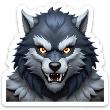 cinematic-noble-fierce-werewolf-portrait-emoji, poised-and-imposing, with a tall, slender yet muscular frame inspired by the brutal, imposing shape of the beast from Berserk, fur rippling in shades of midnight black and silver, eyes glowing with an intense, primal ferocity, reflecting the untamed power of the wild moonlit night; rendered with realism sticker