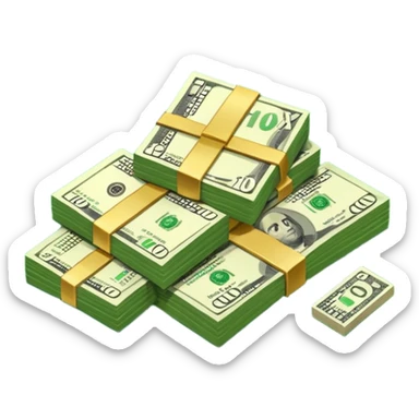 cash pile, make bills rectangular, next to a "10x" factor sticker