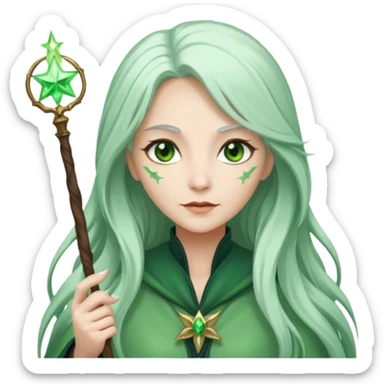 Woman with green skin color with white color long hair and carrying a magic wand sticker