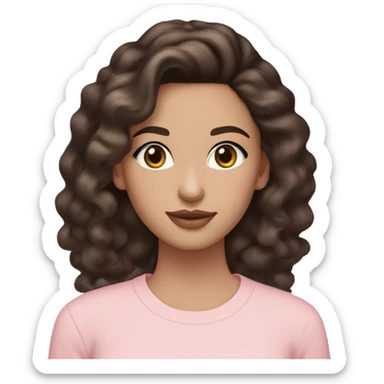 brunette girl with light pale skin,thin brows,brown eyes,wavy long dark hair in pastel pink clothes,accessories and hoop earring and eye makeup sticker