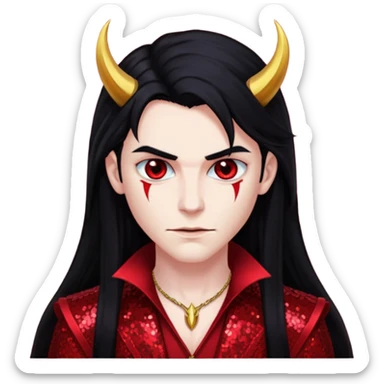Lucifer with long black hair, dark red sequin outfit sticker