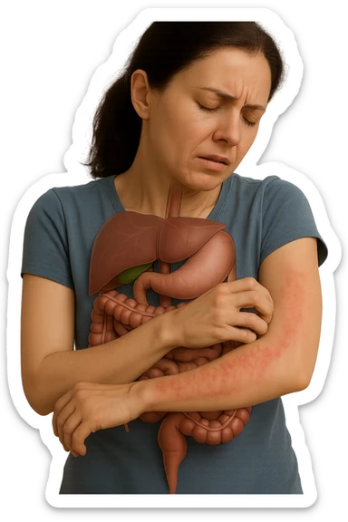 donna con intestino umano anatomico realistico che si gratta il braccio su cui ha un'eritema, iperrealistica 4k sticker