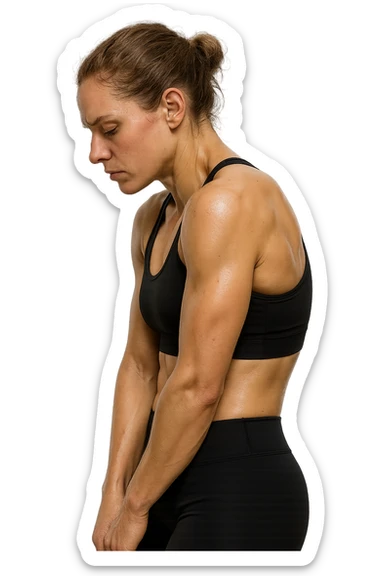 DONNA FITNESS DI PROFILO CON POSTURA CHIUSA E SPALLE IN AVANTI, ISOLATA SU SFONDO BIANCO,  iperrealistico 4k sticker