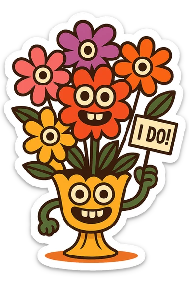 bouquet of flowers with googly eyes and a big grin, holding a tiny sign that says 'I do!', cute and funny for engagement stickers sticker