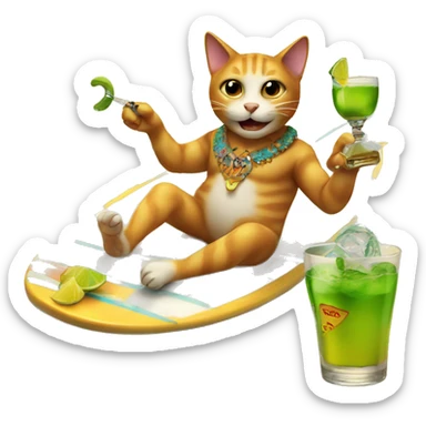 Cat on surfboard taking a tequila shot sticker