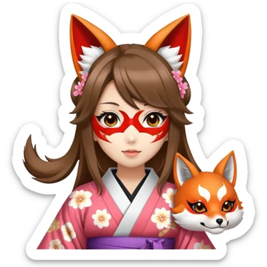 hime gyaru girl, kimono, brunette hair, kitsune mask sticker