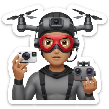 Super hero photographe, gopro sur la tête, masque ce fpv  (style Apple vision) sur les yeux. Un drone à côté de lui. Il tiens un appareil photo reflex. sticker