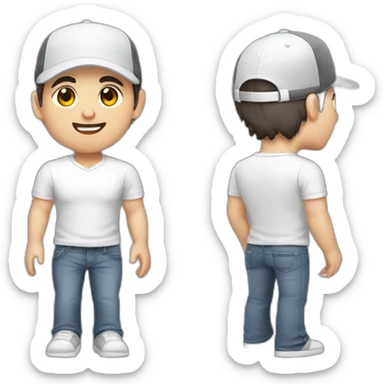 Pale skinned fit Man with dark brown hair in a white cap, gray jeans and gray polo T-shirt keeping a pasted with tape box into his hands sticker