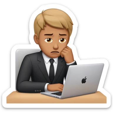 Minimalist emoji of a sad businessman at a laptop, looking exhausted and frustrated. sticker