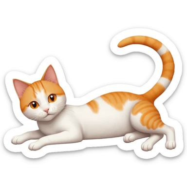 ginger and white cat with orange eyes doing a big extremely long stretch reaching up into the air with arms and legs side by side together straight and overextended whilst lying on its side sticker