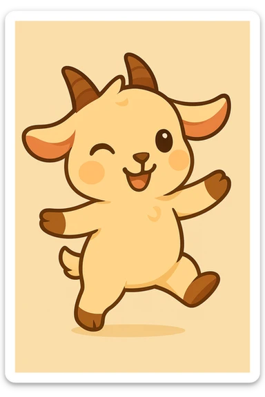 Chibi goat, winking and dancing, right leg up, left arm up, joyful expression, animation frame 2, same style and background as reference. sticker