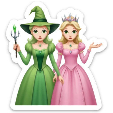 make an emoji of the green wicked witch standind behind the good witch Glinda and being overly protective looking angry and glinda looking happy sticker