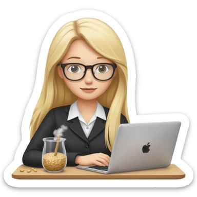a blondie woman with long hair working with a computer laptop and a grains vessel around sticker