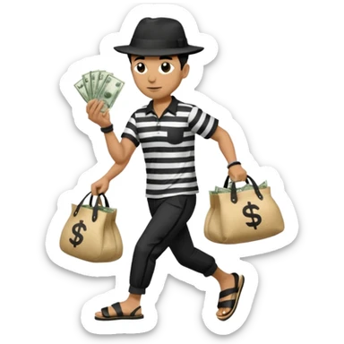 Make a man wear a black pant and he shirt is balck line and white line and wear a black hat and he holding a money bag and he running he wear a black eye thing no money in the Left hand and he yellow and the money bag in the right he wear a flip flop like this is Money bag 💰 NO MONEY sticker