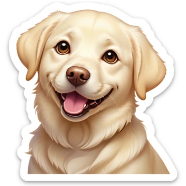 Cinematic Comical Cream Labrador Portrait Emoji, Head tilted dramatically with an exaggeratedly amused expression, featuring a glossy cream Fur with a radiant sheen, wide, expressive warm eyes filled with playful disbelief, Simplified yet hilariously expressive features, highly detailed, glowing with a slightly sassy glow, high shine, dramatic yet playful, stylized with an air of cheeky mischief, bright and endearing, soft glowing outline, capturing the essence of a spirited and over-the-top companion, so meme-worthy it feels like it could side-eye its way into internet fame instantly! sticker