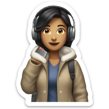 dark hair female student standing by a locker wearing wireless headphones, heavy coat, taking a selfie with cell phone sticker