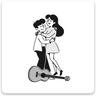 Two happy musicians hugging each other, smiling, friendly embrace, musical instruments nearby sticker