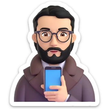 professional man with medium black beard, neat black hair, connected unibrow, olive tan skin, brown eyes, glasses, prominent nose, wearing a black coat, holding a smartphone sticker