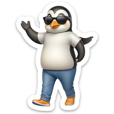 friendly anthropomorphised penguin in jeans and a t-shirt, wearing dark sunglasses, jogging upright, relaxed pose sticker