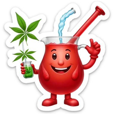 Kool-Aid Man pitcher character with legs and arms holding a bong with a cannabis leaf sticker