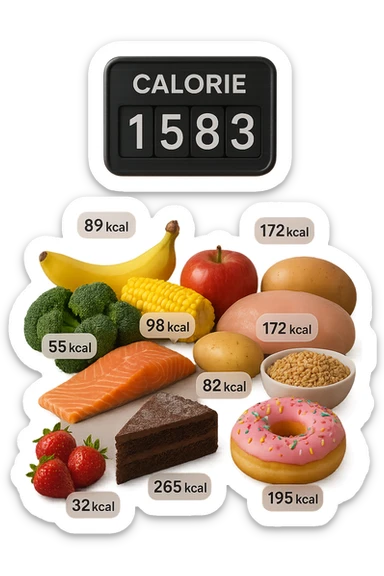 a digital calorie counter hovers above a variety of foods arranged on a table—fruits, vegetables, grains, meats, and desserts. Each food has a floating label showing its calorie content. The background is clean and modern, emphasizing the educational aspect of calorie awareness. scritto in italiano sticker
