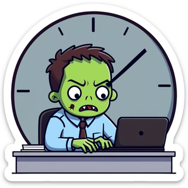 tired zombie office worker staring at clock waiting for break time sticker
