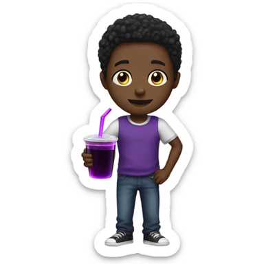 Black boy holding cup with purple juice sticker