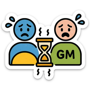 ultra-minimalist icon of two simple figures representing player and GM side by side, trembling clock or hourglass, extremely worn and eroded texture, anxious and stressed expressions, sense of terror sticker