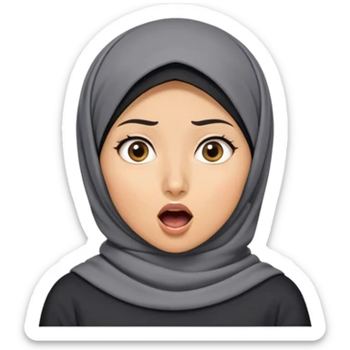người phụ nữ 30 tuổi, da vàng, đội khăn hijab, tóc ngắn màu đen, mặt biểu cảm ngạc nhiên, mồm mở rộng hình chữ O, áo màu xám đậm, nửa thân trên sticker