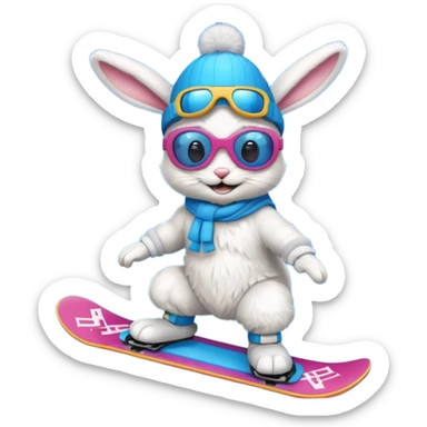 A bunny on a snowboard in blue wearing ski goggles and making party sticker