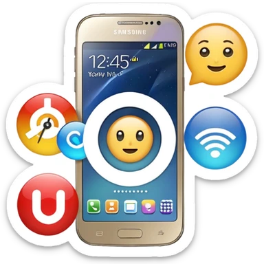 Samsung Galaxy phone with app icons, time, Wi-Fi sticker