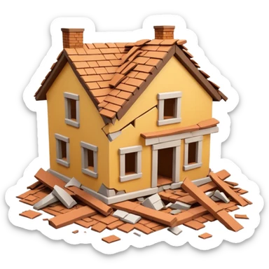 3D iPhone style emoji of a collapsed house, broken walls and roof pieces scattered, debris and ruins visible, isolated on white background, soft shadows, high detail, playful and cute. sticker