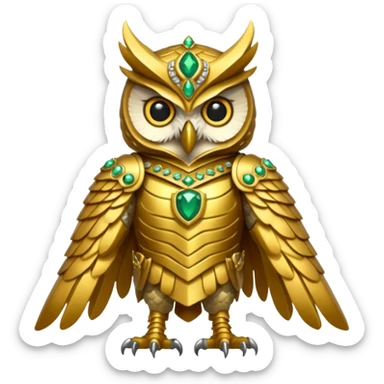 owl warrior wearing golden armor embedded with emerald jewels

 sticker