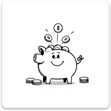 cartoon piggy bank bursting with coins, goofy and playful sticker