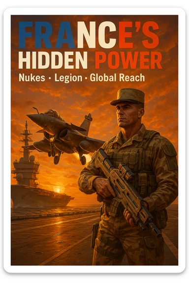 Epic sunset scene of a Rafale fighter jet taking off from a carrier with an orange sky. Foreground features a French Foreign Legionnaire in desert camouflage with a sci-fi rifle. Bold French flag-colored headline: 'FRANCE’S HIDDEN POWER'. Subtext: 'Nukes • Legion • Global Reach'. 8K, dramatic lighting. sticker