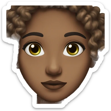 curly hair dark brown, brown eyes with a hint of green, eyes negative canthal tilt ,medium thick shaped eyebrows in dark brown, and thin lips sticker