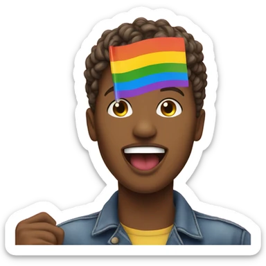 person holding LGBTQ flag with tongue out sticker