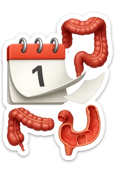 emoji stile iphone di un calendario con fogli che volano insieme a pezzi anatomici di colon umano, iperrealistico 4k, isolato su sfondo bianco sticker