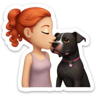 Girl with red hair kissing big black pitbull dog, pink hearts sticker