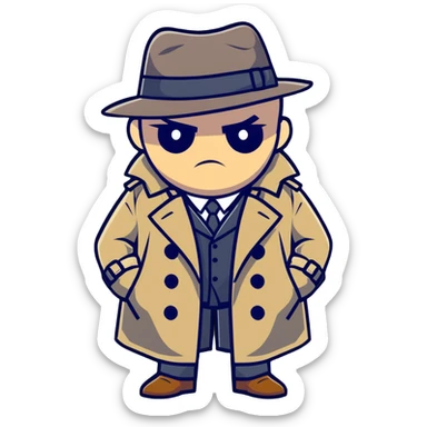 cartoonish spy Штирлиц in a trench coat and hat, looking serious sticker