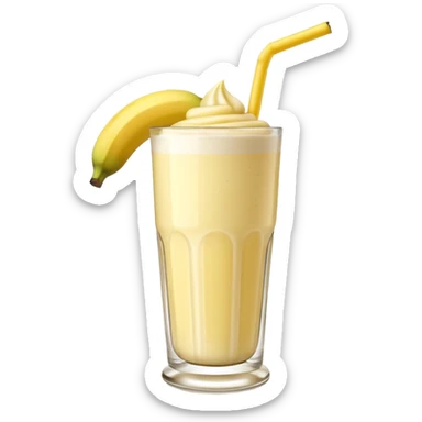 A 3D cartoon glass of banana shake, light yellow creamy texture, straw and banana slice garnish, glossy reflection, natural daylight, Memoji-style. sticker