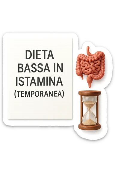 foglio di carta di una dieta con la scritta "DIETA BASSA IN ISTAMINA (TEMPORANEA), E ACCANTO CI METTI UN INTESTINO IN MINIATURA E UNA CLESSIDRA, iperrealistico 4k sticker