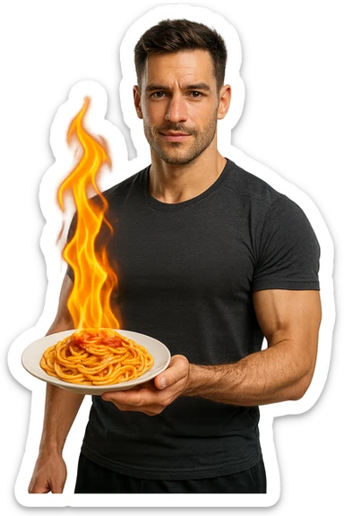 uomo fitness che tiene in mano un piatto di pasta con una fiamma sopra come se stesse simbolicamente bruciando le kcal della pasta, iperrealistico 4k sticker