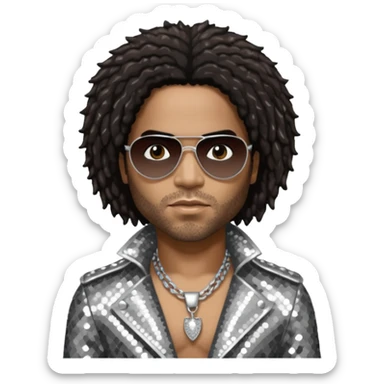 Lenny Kravitz with long dark brown hair, silver sequin outfit sticker