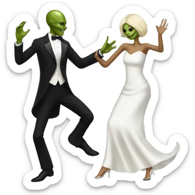  a Reptilian alien woman, in white dress, dance with a human man in frack sticker