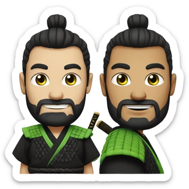 white man with short beard and a "top knot" samurai style black hair. Plain black tshirt. green eyes. slightly smiling. sticker