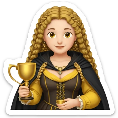 Helga Hufflepuff, 2 curly thick brown braids, yellow-black medieval dress, black cloak decorated with gold braiding, tiny two-handled shiny yellow-gold cup, very kind smile, curvy busty sweet woman, thick rosy cheeks sticker