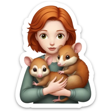 Ginger haired woman holding possum sticker