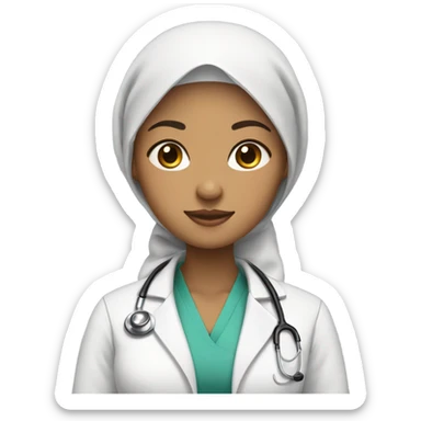 a woman wearing a hijab with light skin wearing a doctor's coat and a stethoscope around her neck sticker